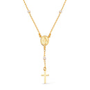 Colar Dourado Religioso Terço Cruz e Pérolas